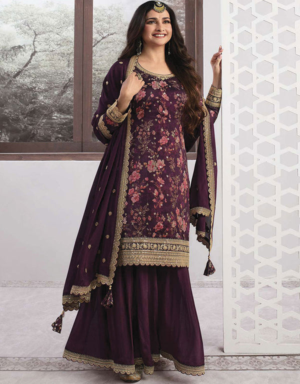 Trendy Traditional Party Wear Salwar Suit Purple Georgette Palazzo Straight Front View